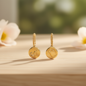 Pendientes Ziio con dijes del zodiaco chapados en oro, colgante redondo de acero de 12 quilates, diseño de aro con cuentas para mujer, joyería - Product Image 3