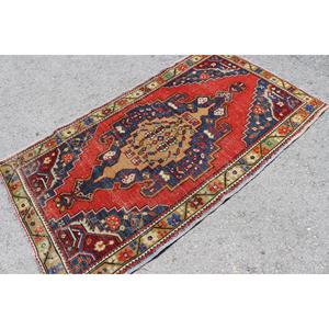 Tapis turc d'appoint 3,5x6,4 pieds, tapis vintage, tapis en laine rouge et bleu ombré - Product Image 2