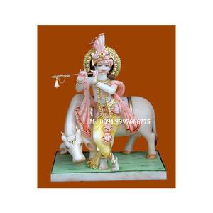 Belle statue de Dieu Krishna en marbre blanc faite à la main, position debout, vache près de la statue, utilisée pour le culte, pour le bureau et le temple - Product Image 1