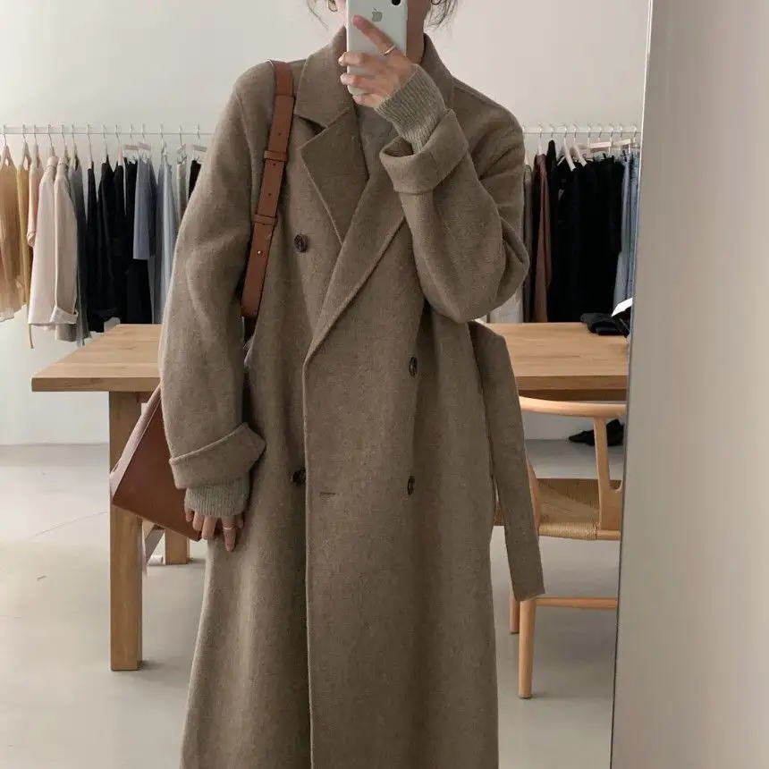 9306# 2022 women korean chic warm long coat autumn winter retro suit collar double-breasted belt loose Jacket Ladies woolen coat