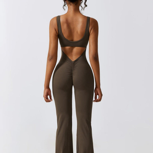 Combinaison de yoga une pièce à dos croisé pour femme, tenue de sport décontractée, pantalon évasé froncé aux fesses, vêtements de gym pour femmes - Product Image 2
