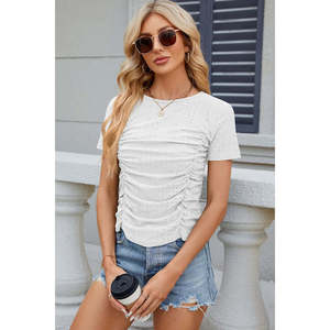 Tops de punto de manga corta con ojales fruncidos para mujer - Product Image 1