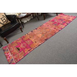 Tapis en laine tissé plat rose orange vintage de 2,6x9,8 pieds, motif patchwork turc pour décor de salon, largeur de 4m avec support en latex - Product Image 2