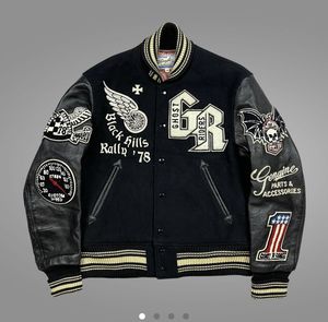 เสื้อแจ็คเก็ตวาร์ซิตี้ Ghost Riders สำหรับผู้ชาย สีดำ แขนหนัง ปักลายปะติด สไตล์นักขี่มอเตอร์ไซค์ เหมาะสำหรับใส่ในฤดูใบไม้ร่วง - Product Image 1