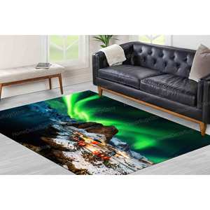 Alfombra de Lana con Diseño de Paisaje Cielo Colorido - Aurora Boreal y Vista de Lofoten, Alfombra Tradicional Ecológica con Respaldo de Látex No Tejido - Product Image 4