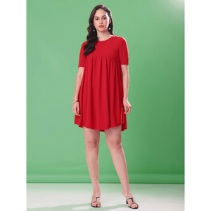 เดรสมินิแต่งระบายสีทึบเก๋ๆคอกลมแขนสั้นชายเสื้อบานไม่สมมาตรผ้าถักแบบยืดได้สำหรับใส่สบาย - Product Image 3