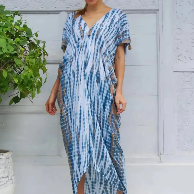 Gaun kasual seksi cetak & ikat celup pakaian wanita ukuran besar gaun panjang bergaya musim panas dibuat di produk premium India