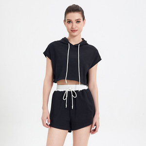 Personalizado verano casual sexy vintage mujer tela chándal algodón francés Terry lavado cremallera crop HOODIE 2 piezas pantalones cortos chándal conjunto - Product Image 1