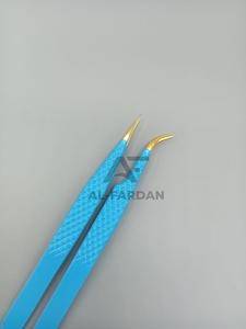 Pinzas profesionales de acero inoxidable para pestañas con punta dorada Pinzas de extensión de pestañas curvas J de punto recto azul bebé - Product Image 2