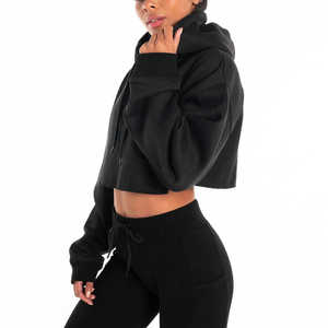 Dernière mode 100% coton à manches longues Crop Top à capuche pour les femmes Logo personnalisé imprimé manteau à capuche de haute qualité avec motif solide - Product Image 6