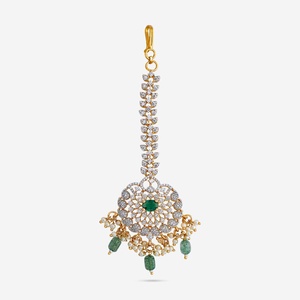 Tikka de mariage pour femme en zircon motif floral, plaqué or rhodié, pierre verte polie, 186522, bijou de collection culturelle - Product Image 1