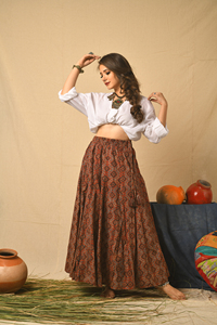 Jupe longue évasée imprimée à la main en coton 100% rouge rouille indien jupe longue froncée à imprimé Ajrakh traditionnel bohème - Product Image 3