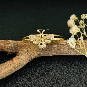 14K Solid Gold Natural Diamond Dainty <b>BEE</b> Ring. - Product Image 2