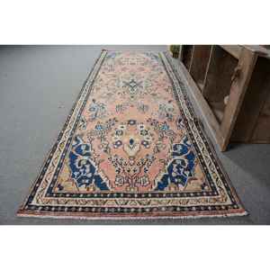 Traditional <b>Pink</b> Blue <b>Wool</b> Rug 3.5 X 10ft Vintage Turkish Large Area Rectangle Patchwork Abstract Latex for Hallway Use Room Rug - Product Image 2