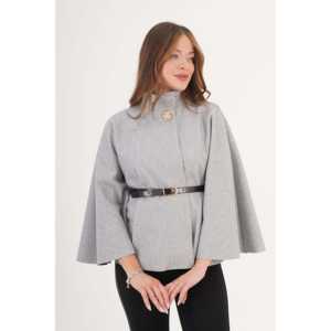 Wholesale Grey <b>Poncho</b> <b>for</b> <b>Women</b> Belt Detail Single Button Coat - Product Image 3