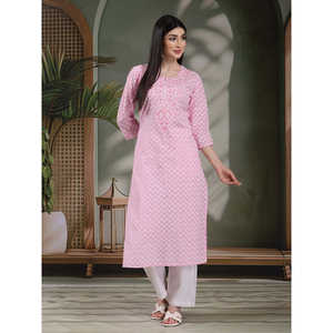 Kurta Recta con Estampado Floral para Mujer, Cuello en V, Algodón Puro con Decoración de Encaje, Producto de Primavera/Verano, Tallas Disponibles XL 4XL - Product Image 1