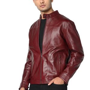 Chaqueta de cuero de moto recubierta de alta calidad al por mayor personalizada para hombre con cuello levantado Material de piel de vaca estilo Vintage para hombre - Product Image 1