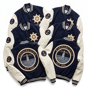 Blouson Bomber Varsity OEM en Laine Teal avec Manches en Cuir Tan et Broderie Sluice Gate Waterway – Manteau Letterman - Product Image 4