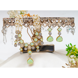 Women's Handmade Pakistani Necklace Set in Mint Green with CZ Stones Gold and Silver Plated for <b>Weddings</b> Parties Engagements - Product Image 3