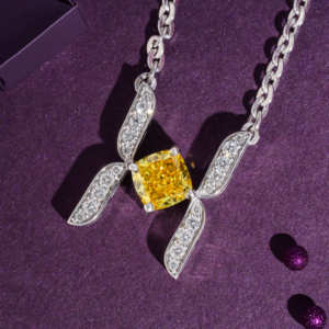 Collier pendentif en diamant jaune de laboratoire taille coussin, or blanc, halo, bijoux de luxe pour mariage et anniversaire, cadeau - Product Image 3