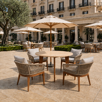 Ensemble de salle à manger d'extérieur en bois de teck résistant aux intempéries, avec fauteuils tressés en corde, mobilier de patio pour villas et complexes hôteliers, qualité professionnelle