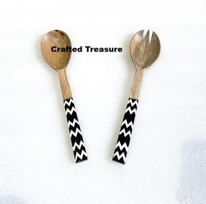 Ensemble de service à salade en bois d'acacia avec impression émaillée Vaisselle de table de restaurant élégante pour la décoration d'ustensiles de cuisine Mariages Événement - Product Image 2