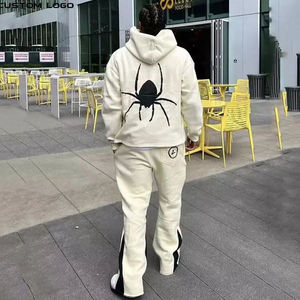 OEM personnalisé ensemble de jogging deux pièces pour hommes de haute qualité 100% coton imprimé coupe brute ourlet bord sweat à capuche pantalons de survêtement empilés bas évasé - Product Image 4