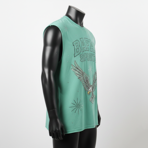 T-shirt 100% coton pour homme, coupe ample, imprimé, sans manches, tissu jersey de coton premium, respirant, vert menthe, logo transféré. - Product Image 3