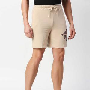 Shorts en coton beige pour homme avec broderie loup, logo personnalisé imprimé, taille à cordon de serrage, pantalon court décontracté - Product Image 2