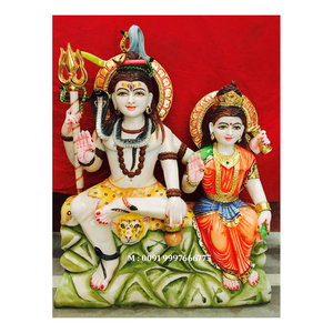 Statue de Shiva et de Parvati en marbre blanc naturel, position assise sur un lion, design unique fait main, utilisée pour la décoration des temples. - Product Image 1