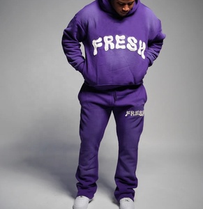 Custom Heavyweight Flared Acid Wash Tracksuit Winter Fleece Sweatsuit Set with Puff Printing Distressed <b>Hoodie</b> and Sweatpants - Product Image 5