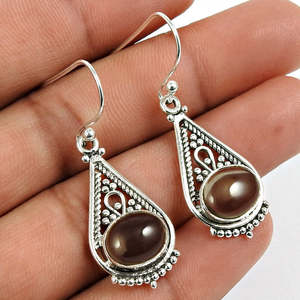 Boucles d'oreilles pendantes en argent sterling massif de style bohème 925 faites à la main avec des pierres précieuses en quartz fumé de taille ovale naturelle bijoux en gros - Product Image 3