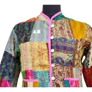 Veste en Soie Patch Kantha Manteau Tricoté avec Bouton Décoration Manches Longues Respirant Automne Hiver Printemps Réversible - Product Image 2