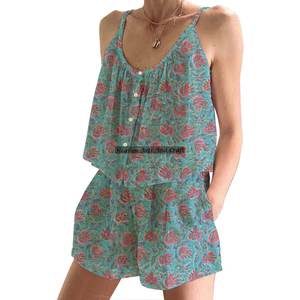 Ensemble de pyjama en coton imprimé à blocs d'été pour femmes Ensemble de pyjama floral ajusté sans manches à bretelles printemps/été - Product Image 5