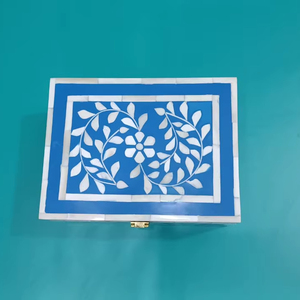 Vente chaude À La Main Bleu Blanc Os Incrustation Boîte À Bijoux En Bois Conception Florale Boîte De Rangement Décorative avec Serrure - Product Image 3