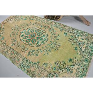 Vintage 4ft 8in Vert Beige Tapis Turc Classique Grande Surface Rectangle Patchwork Conception Seagrass Laine Latex pour Couloir Chambre Décor - Product Image 4