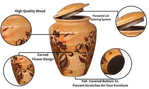 Urnas de grabado de flores para cenizas humanas Urna de cremación giratoria para tapa roscada Urna de madera para mascotas Varios tamaños - Product Image 3