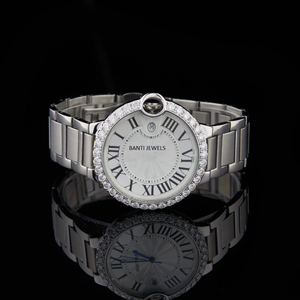 Montre de luxe sertie de diamants en moissanite, bracelet en acier inoxydable, cadran à chiffres romains - Product Image 1