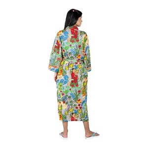 100% algodón hecho a mano de peso ligero personalizado con cuello en V Kimono bata larga con estampado Floral ropa de noche para adultos - Product Image 2