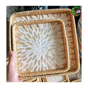 Plateau de service en rotin, mosaïque de nacre, plateau artisanal naturel pour la décoration de table et le rangement, sur un magnifique plateau en céramique - Product Image 3