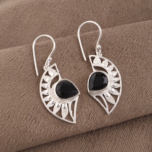 Women’s 925 Sterling Silver Bohemian Drop <b>Earrings</b> Geometric Pattern <b>Black</b> Onyx Bezel Set Handmade <b>Dangle</b> <b>Earrings</b> Everyday - Product Image 3
