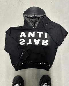 Hip Hop Vintage Rivets Decorated <b>Black</b> Hoodie Winter Y2k <b>Man</b> Hoodi Letter Patchwork Long Sleeve Goth Casual Sweatshirt - Product Image 1