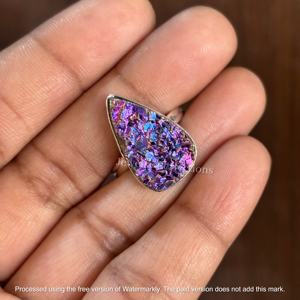 Bague en argent sterling 925 avec pierre précieuse pyrite druzy recouverte de violet original, tendance et très vendue, prix d'usine, bijoux pour femmes - Product Image 4