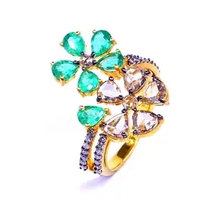 Designer 14k Gold Low MOQ Jewelry Supplier Emerald Gemstone Affordable Ladies Wear Diamond Flower Ring