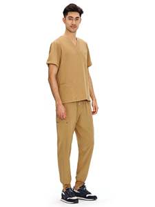 Traje de Jogger con múltiples bolsillos de mezclilla elástica para mujer, pantalones de manga corta con cuello levantado y uniforme de enfermera - Product Image 3