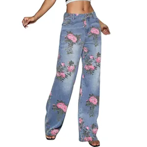 Fioritura di rosa 2024: vendita calda vietnamita-pantaloni Casual con Design rosa. Vita corta, Jeans a gamba larga per un senso di stile alla moda.