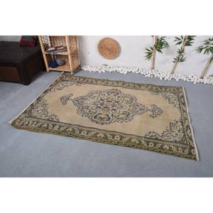 Alfombra de área grande hecha a mano de lana Beige Vintage, diseño de retazos de 4,1x6,4 pies para entrada, dormitorio, pasillo, alfombra Rectangular de látex - Product Image 2