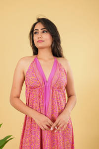 Indian Handmade <b>Silk</b> Floral Printed Floor-Length V-neck Formal Party Halter <b>Dress</b> Summer Women's - Product Image 2