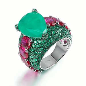 Sliver Full Pave Rose <b>Gold</b> Plated Statement <b>Cocktail</b> Luxury Unisex <b>Ring</b> Synthetic Emerald Ruby CZ Trendy Geometric Cluster <b>Rings</b> - Product Image 1