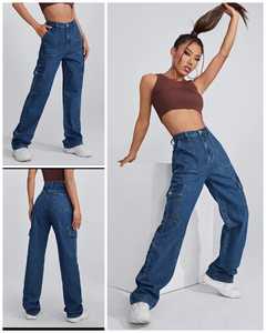 Pantalones vaqueros cargo de pierna ancha rectos informales de cintura alta para mujer europeos al por mayor, ropa de calle lavada con bolsillos, pantalones vaqueros antracita personalizados - Product Image 5